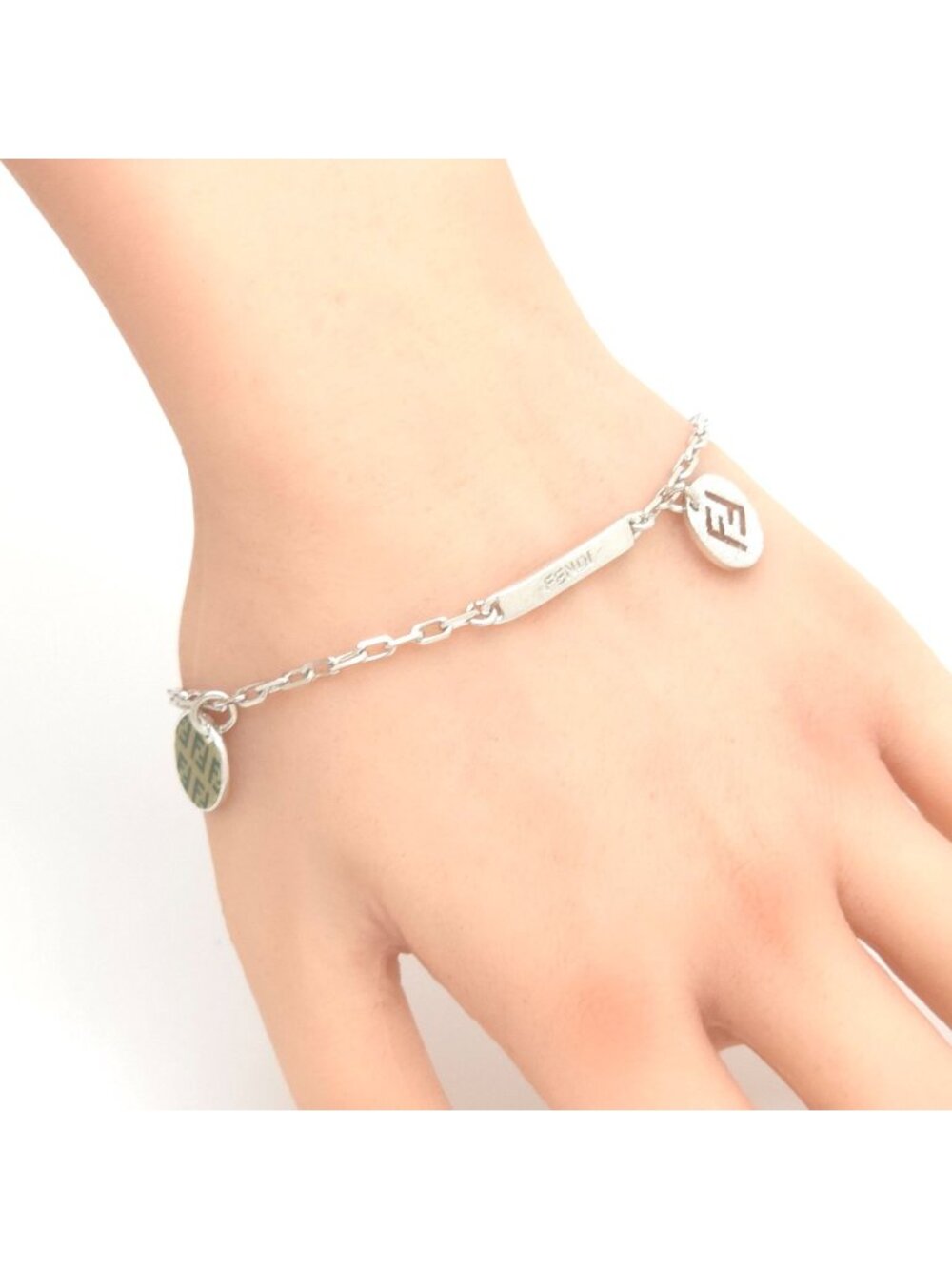 Fendi FF Charm Bracelet Stamp Plate Silver Colored Polished Metal